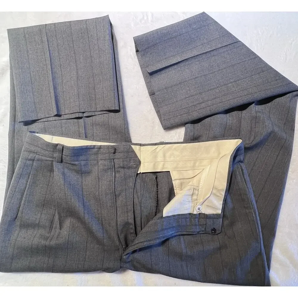 Vtg Christian Dior Monsieur Suit 42L 35x32 Gray Stripe Virgin Wool Designer